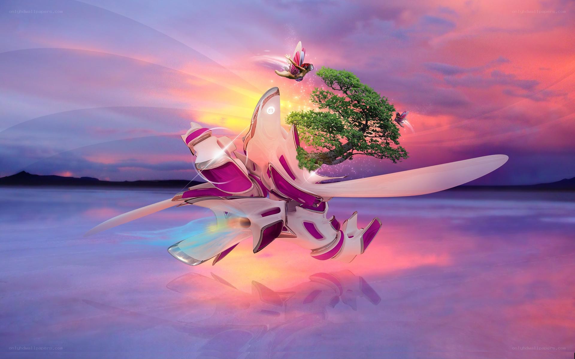 futuristic aircraft with tree