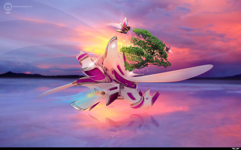 Futuristic Aircraft with Tree — Purple, Serene