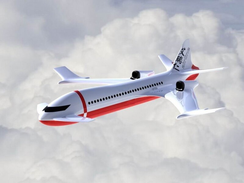 futuristic airplane in clouds