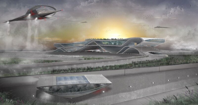 Futuristic Airport Complex — Gray, Dramatic