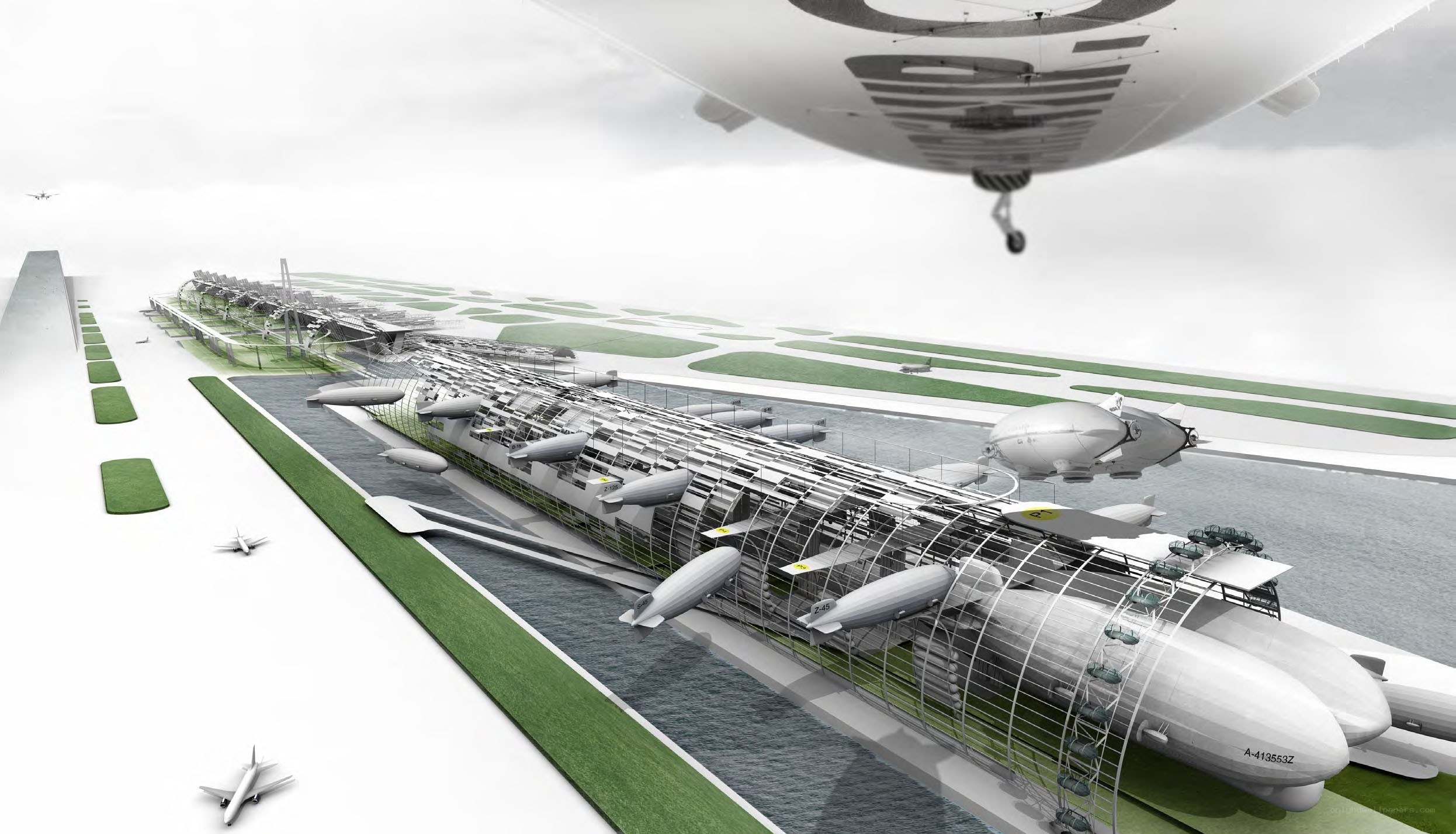 futuristic airship airport