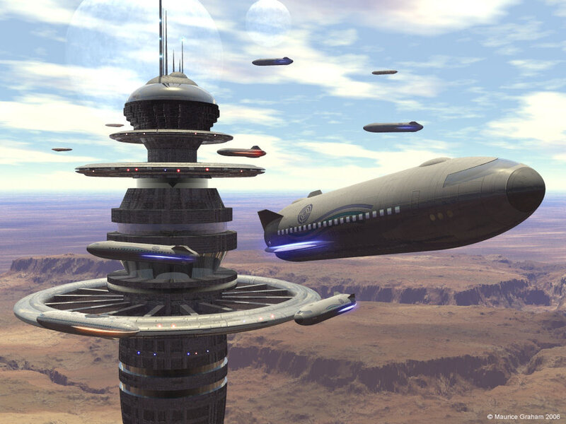 Futuristic Airship and Tower