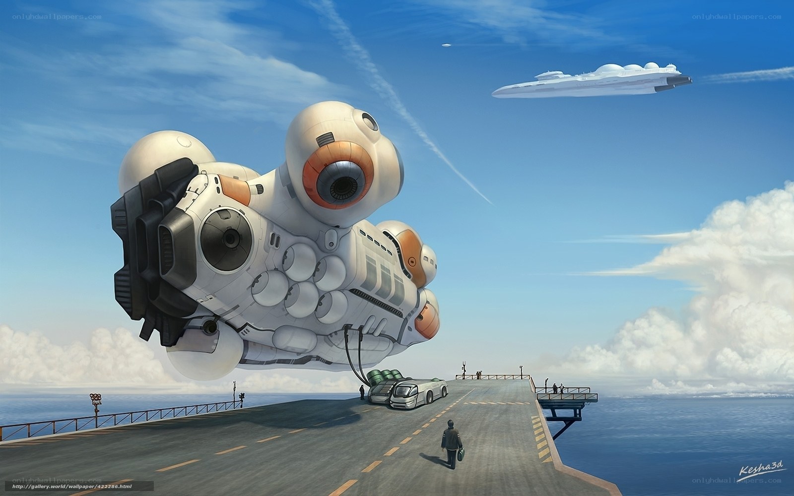 Futuristic airship at sea port