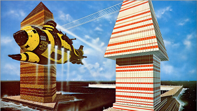 Futuristic airship between towers