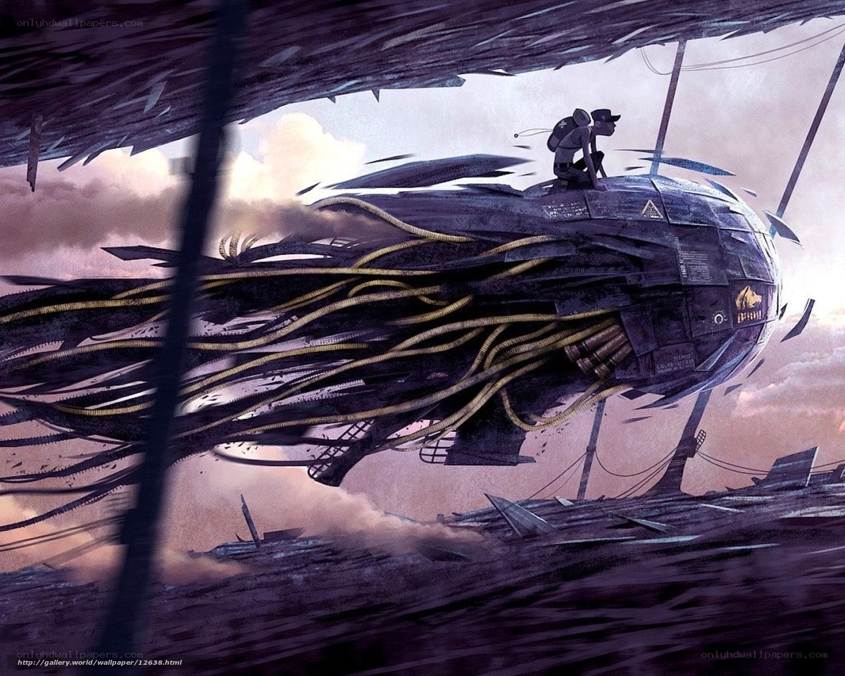 Futuristic airship in a ruined world