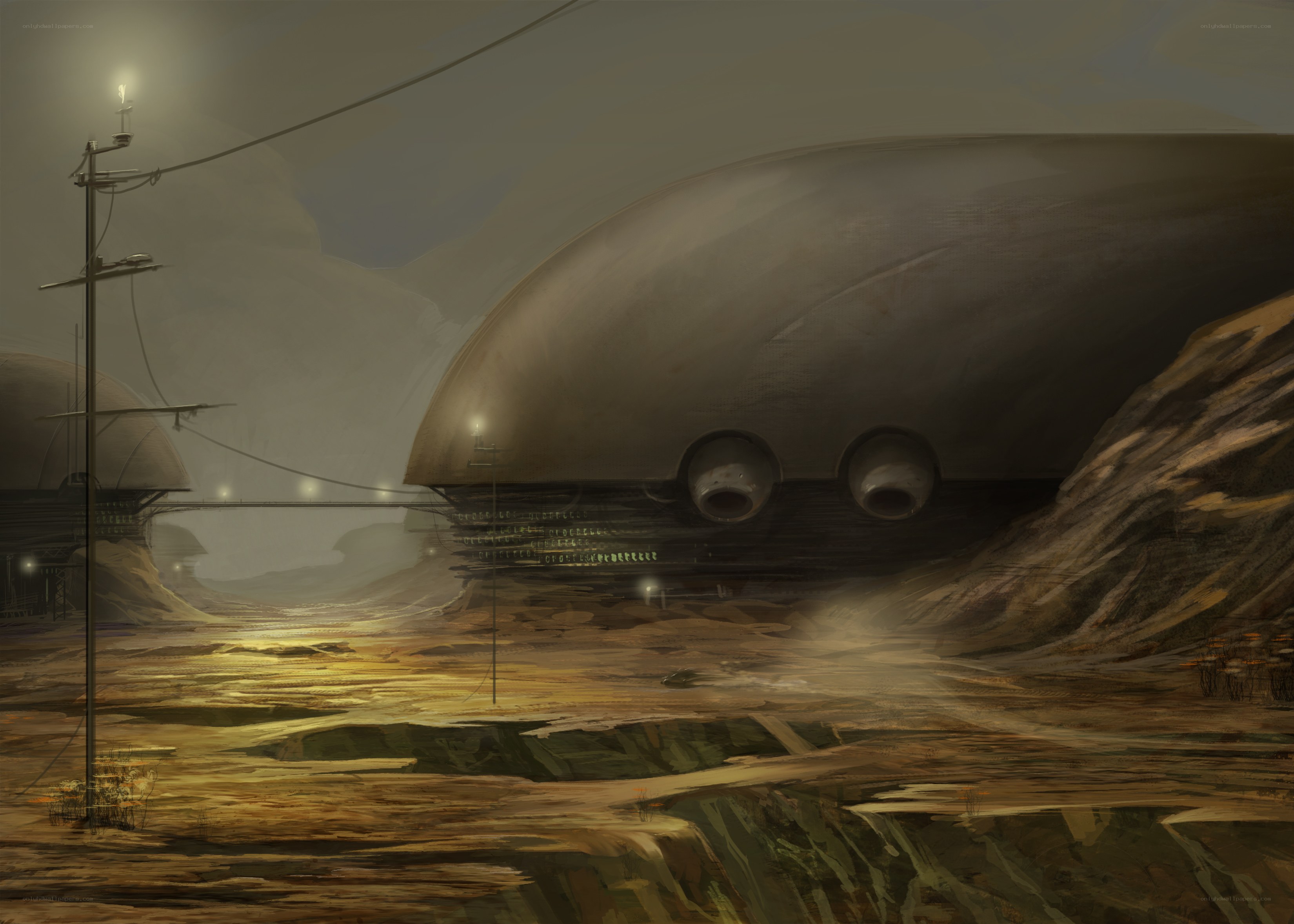 futuristic airship in desert