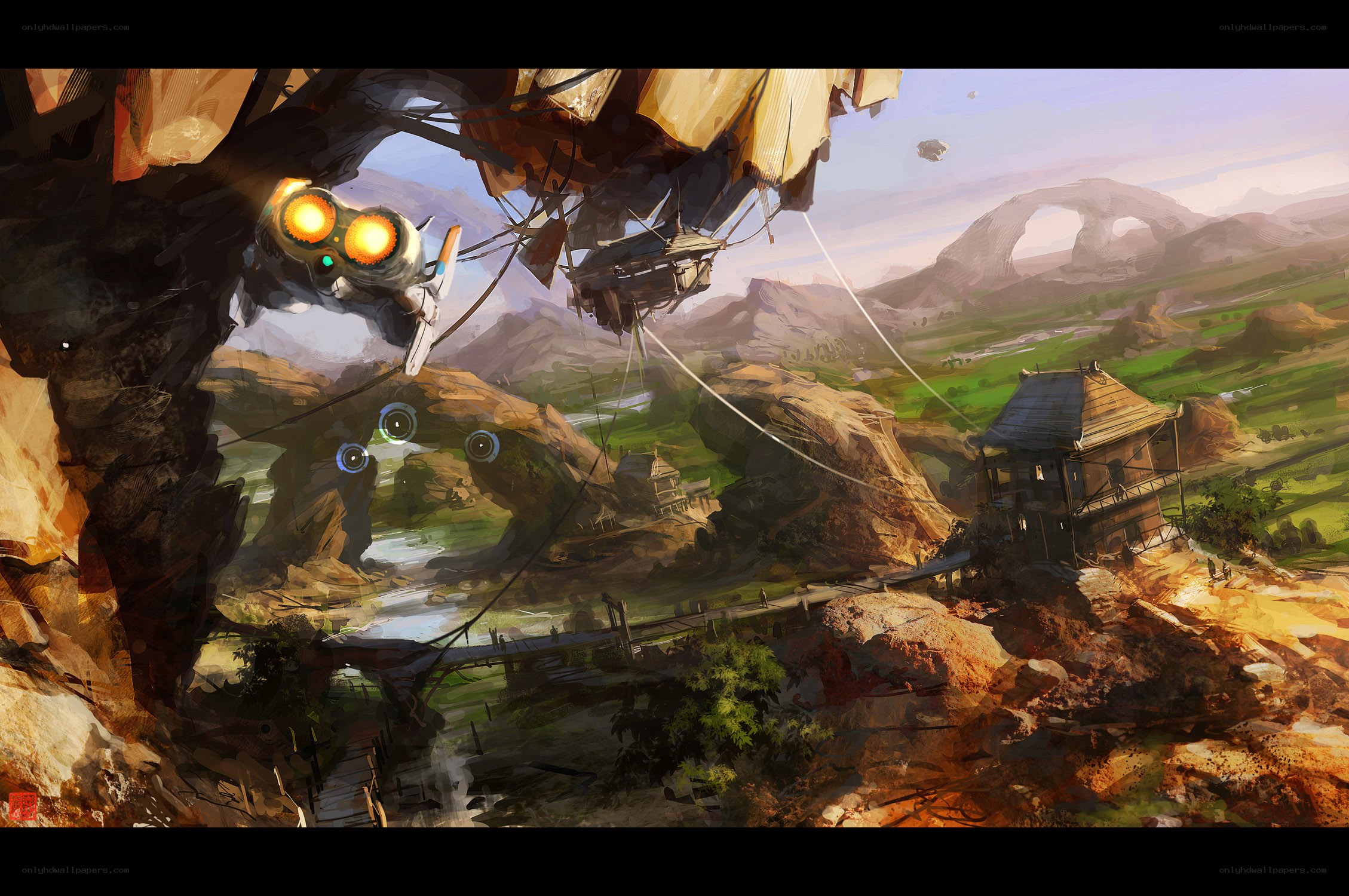 Futuristic airship over canyon