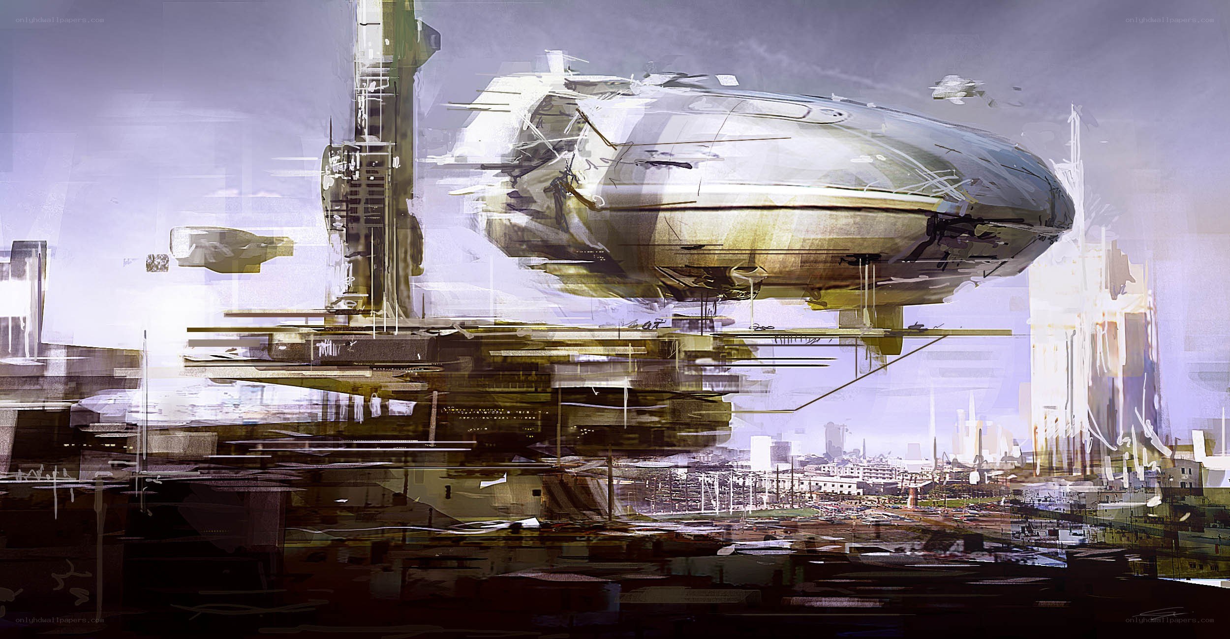 futuristic airship over city