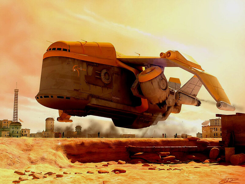 Futuristic airship over desert city