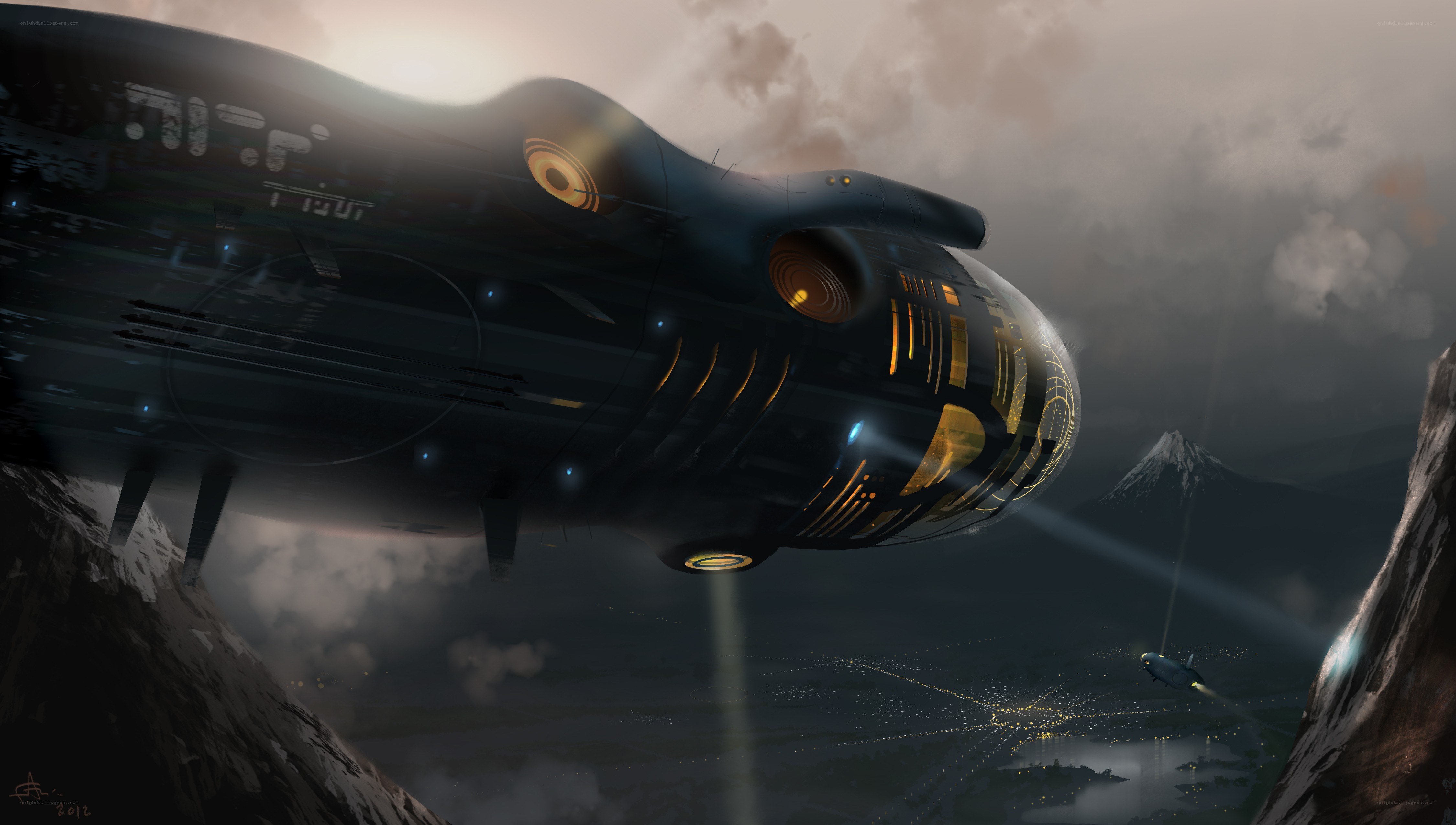 Futuristic airship over mountain valley