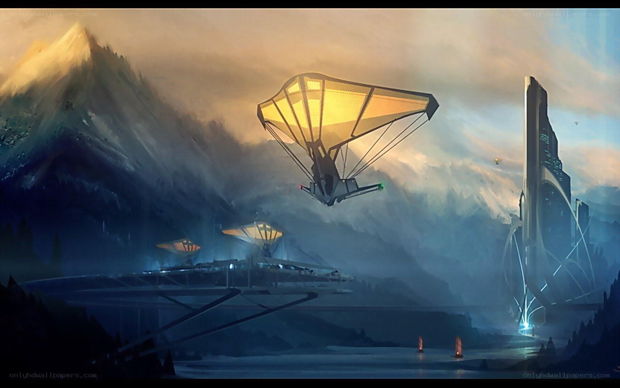futuristic airship over mountains