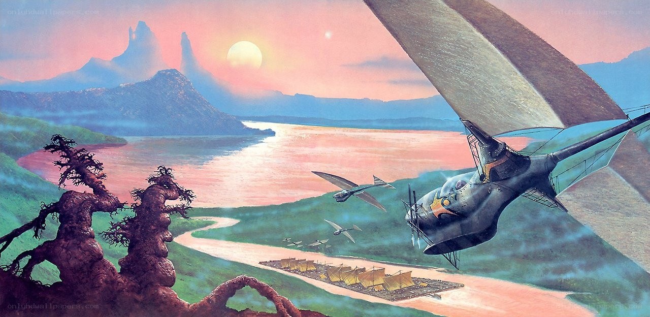 Futuristic airships over alien landscape