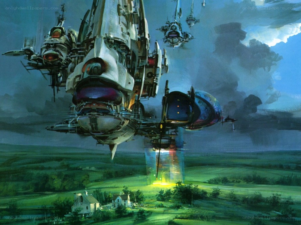 Futuristic airships over countryside