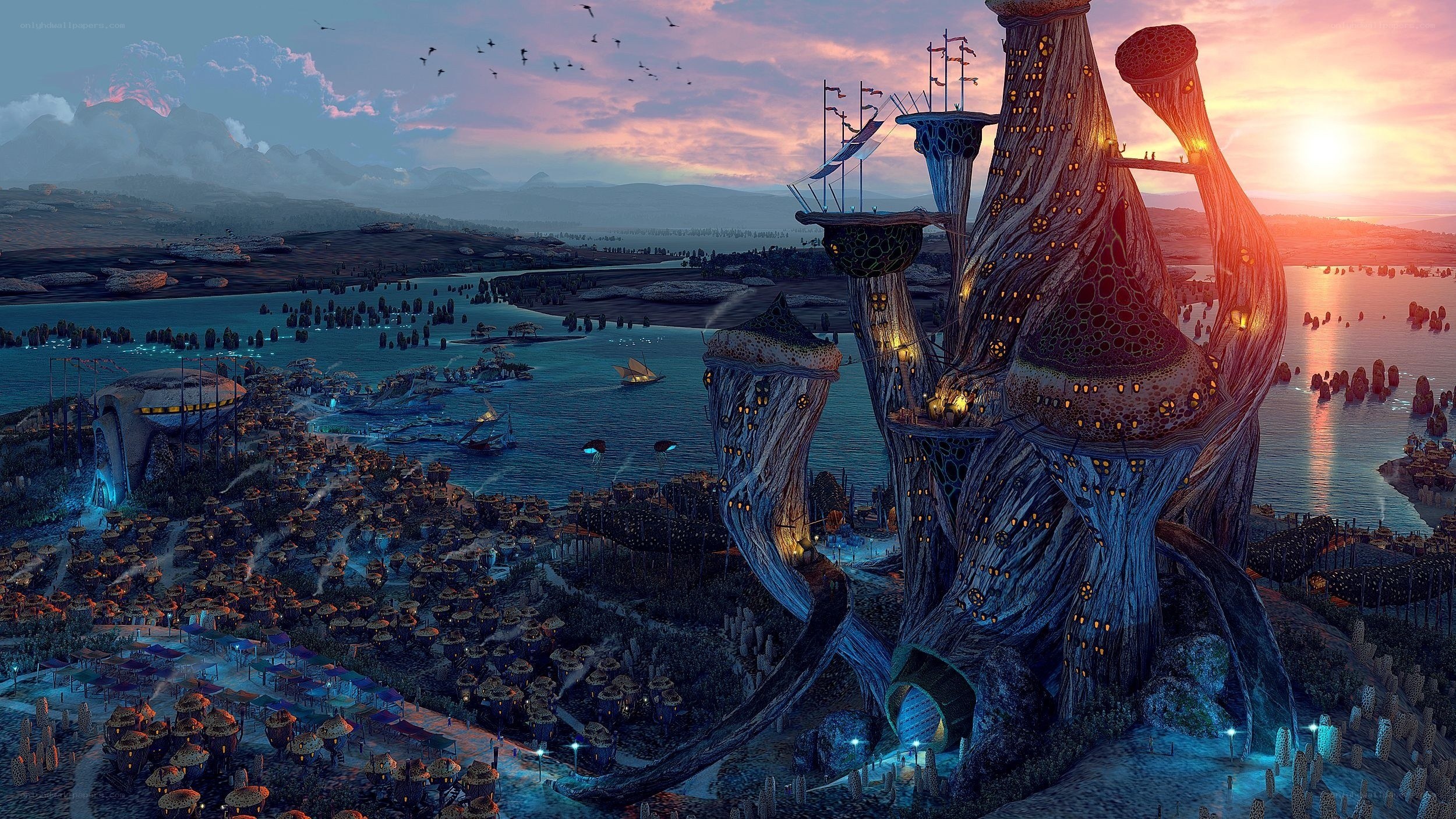 futuristic alien city at sunset