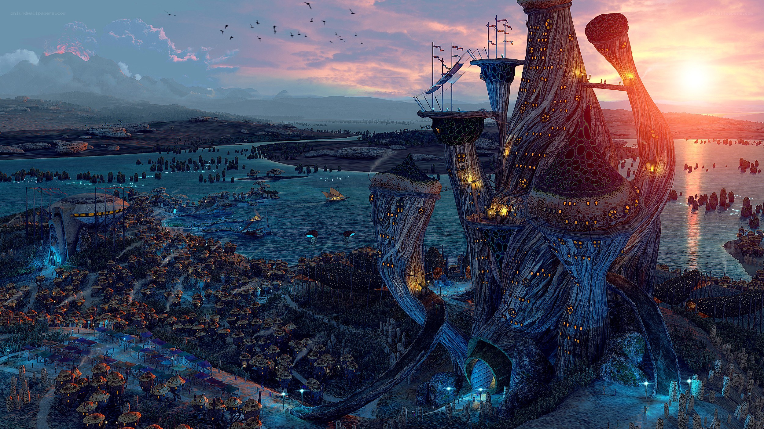 futuristic alien city at sunset