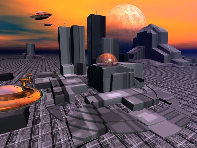 Futuristic Alien City — Orange, Dramatic, Sunset, 3d Render, Ufos