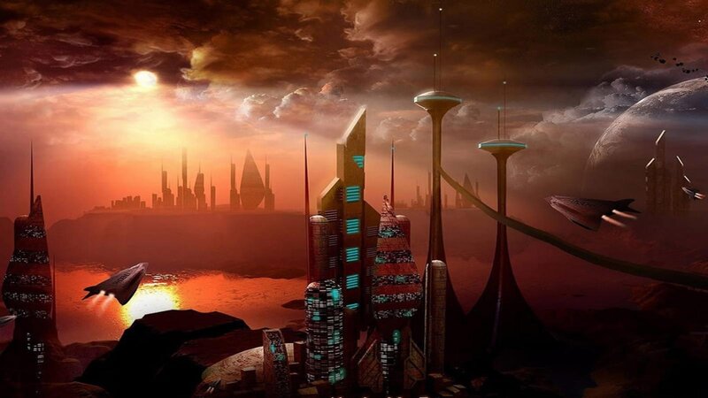 Futuristic Alien City — Orange, Dramatic, Sunset, Digital Art, Spaceships, Planet, Brown