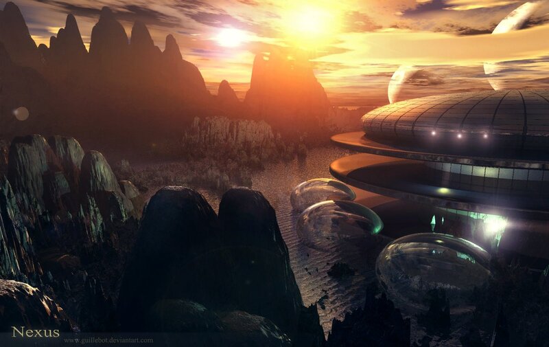 Futuristic alien landscape at sunset