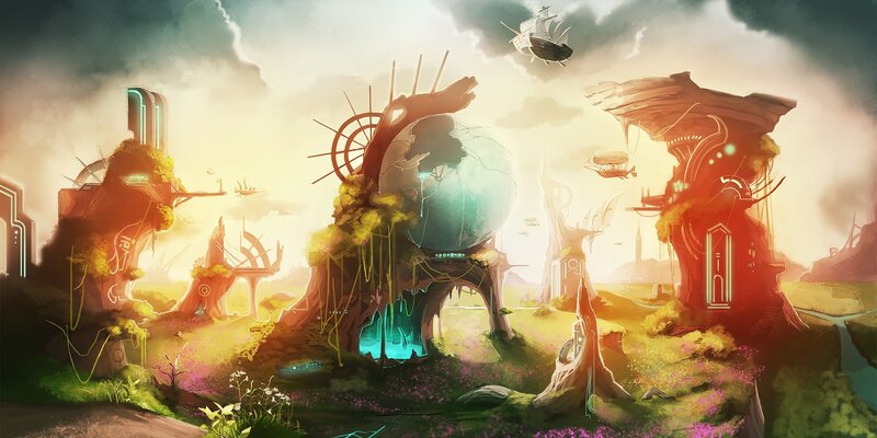 Futuristic Alien Landscape — Green, Dramatic, Sunset, Digital Art, Airships