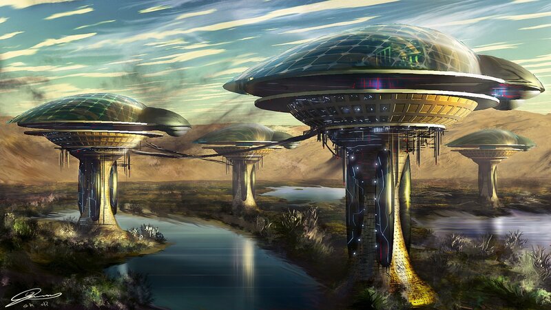 Futuristic Alien Structures — Green, Serene, Afternoon