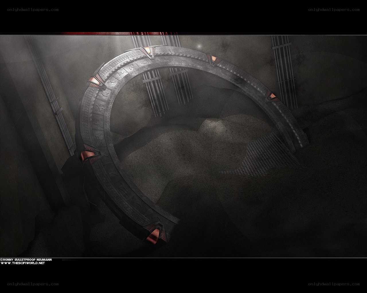 futuristic archway in dark chamber