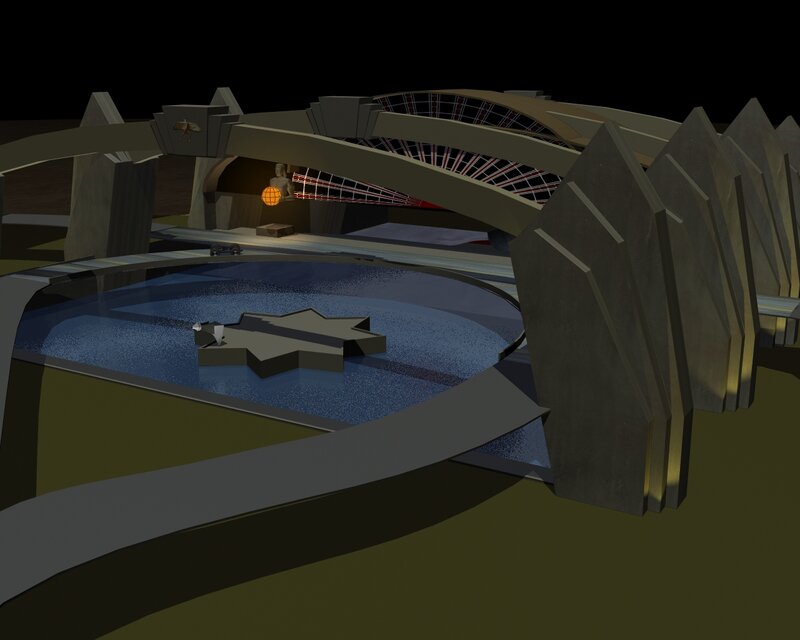 futuristic arena with water feature