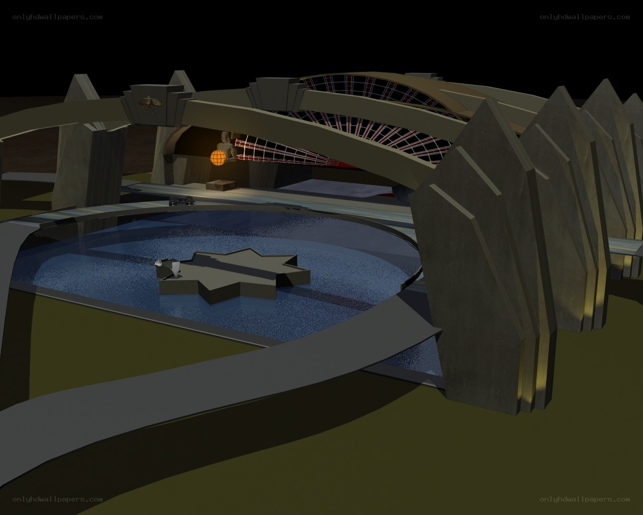 futuristic arena with water feature