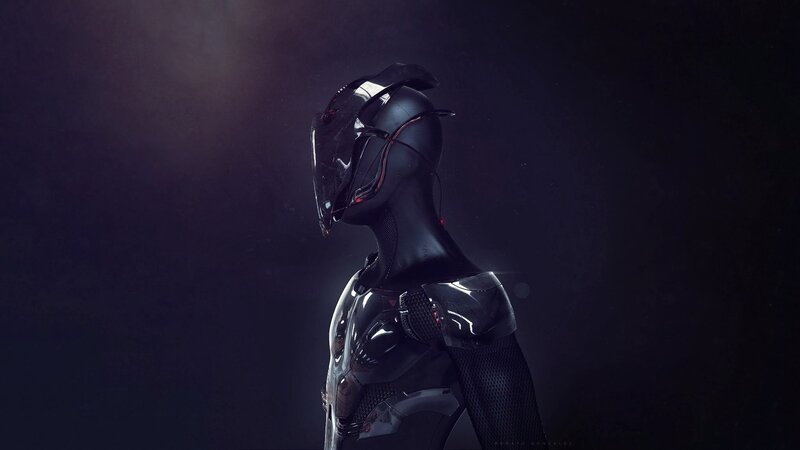 Futuristic Armored Figure — Black, Dramatic