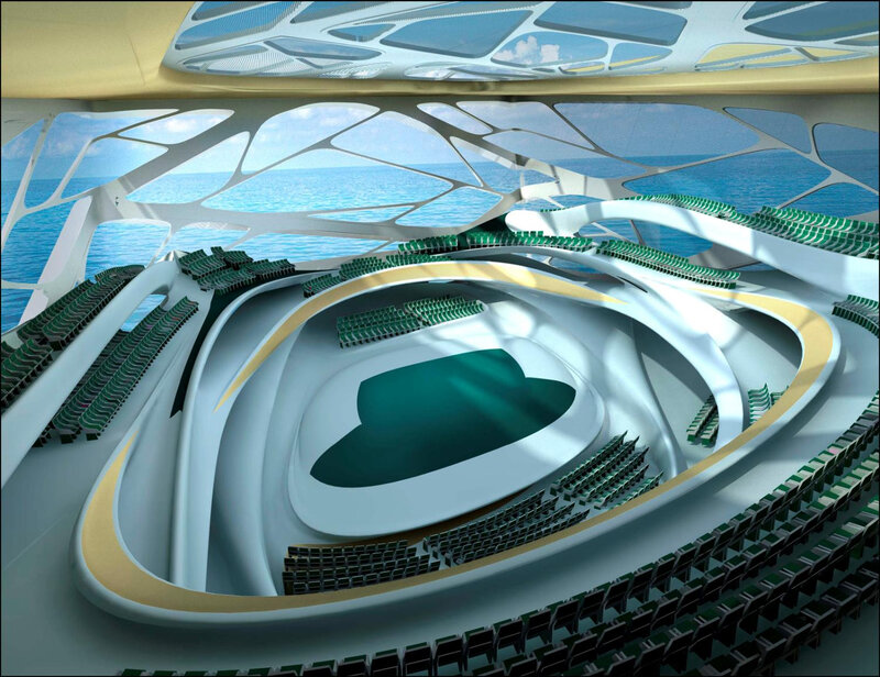 futuristic auditorium with ocean view