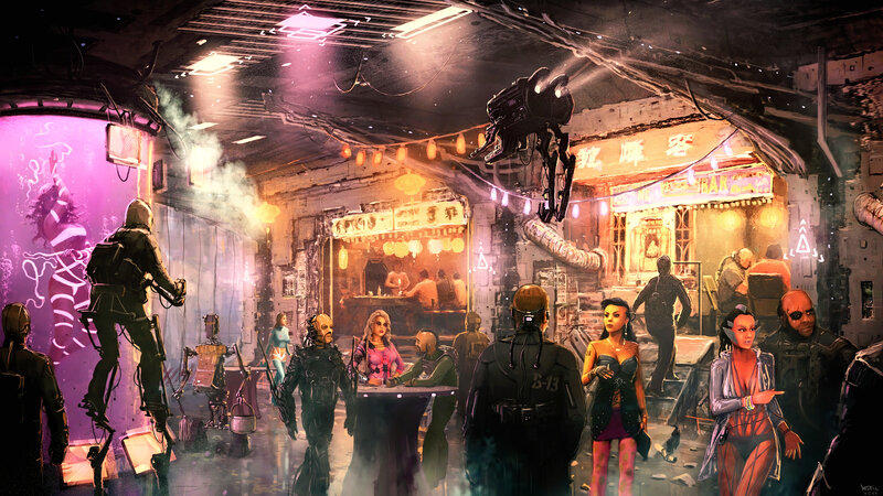 Futuristic Bar Scene — Purple, Dramatic