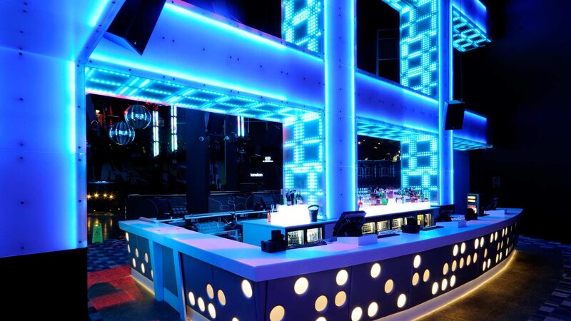 futuristic bar with blue lighting