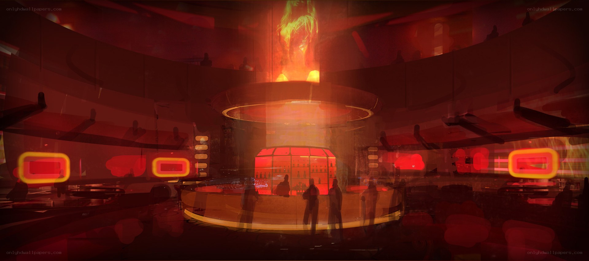 futuristic bar with fiery display