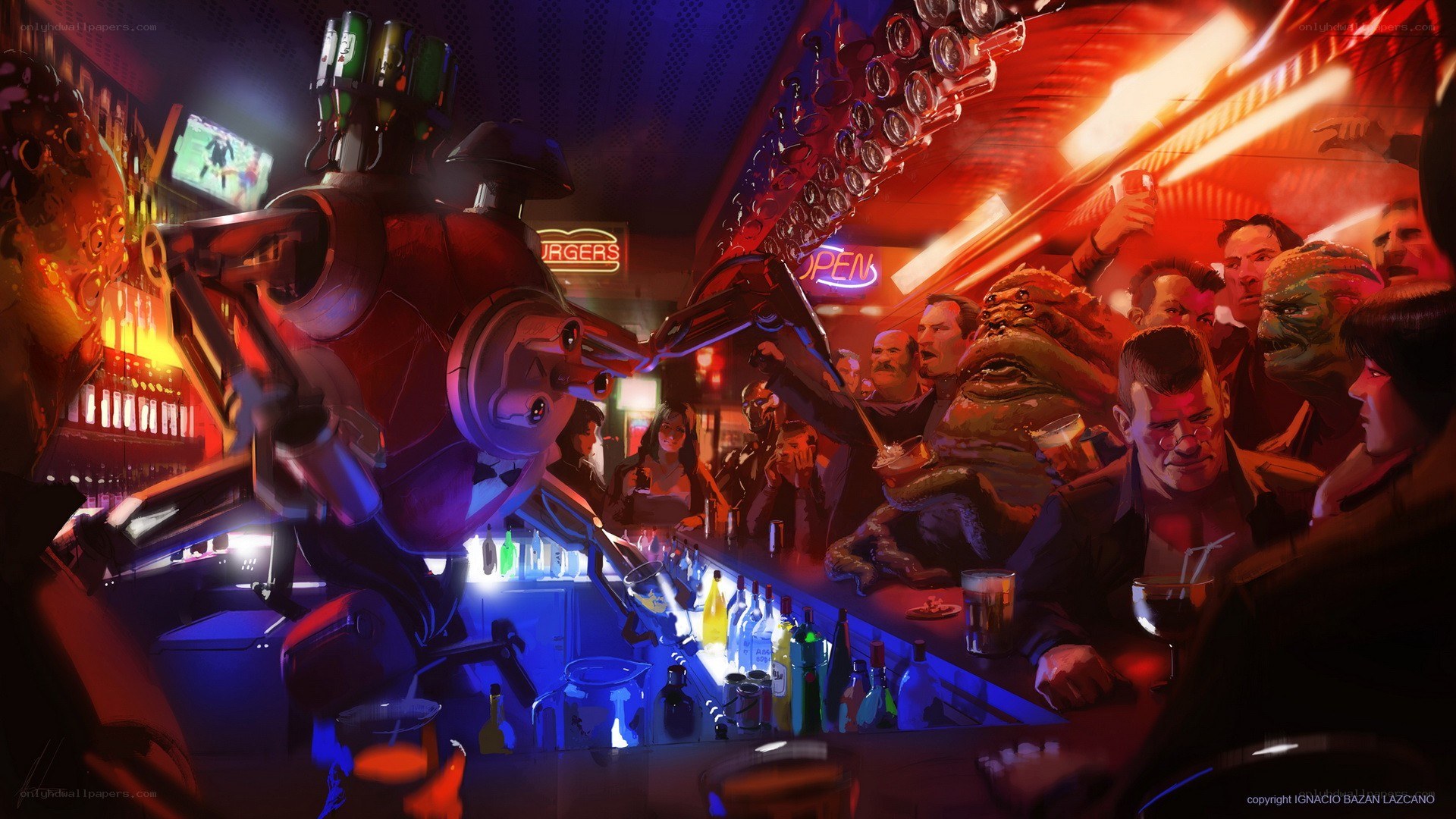 Futuristic bar with robot bartender