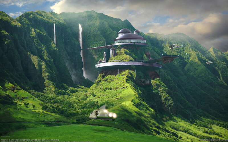 Futuristic base in lush mountains