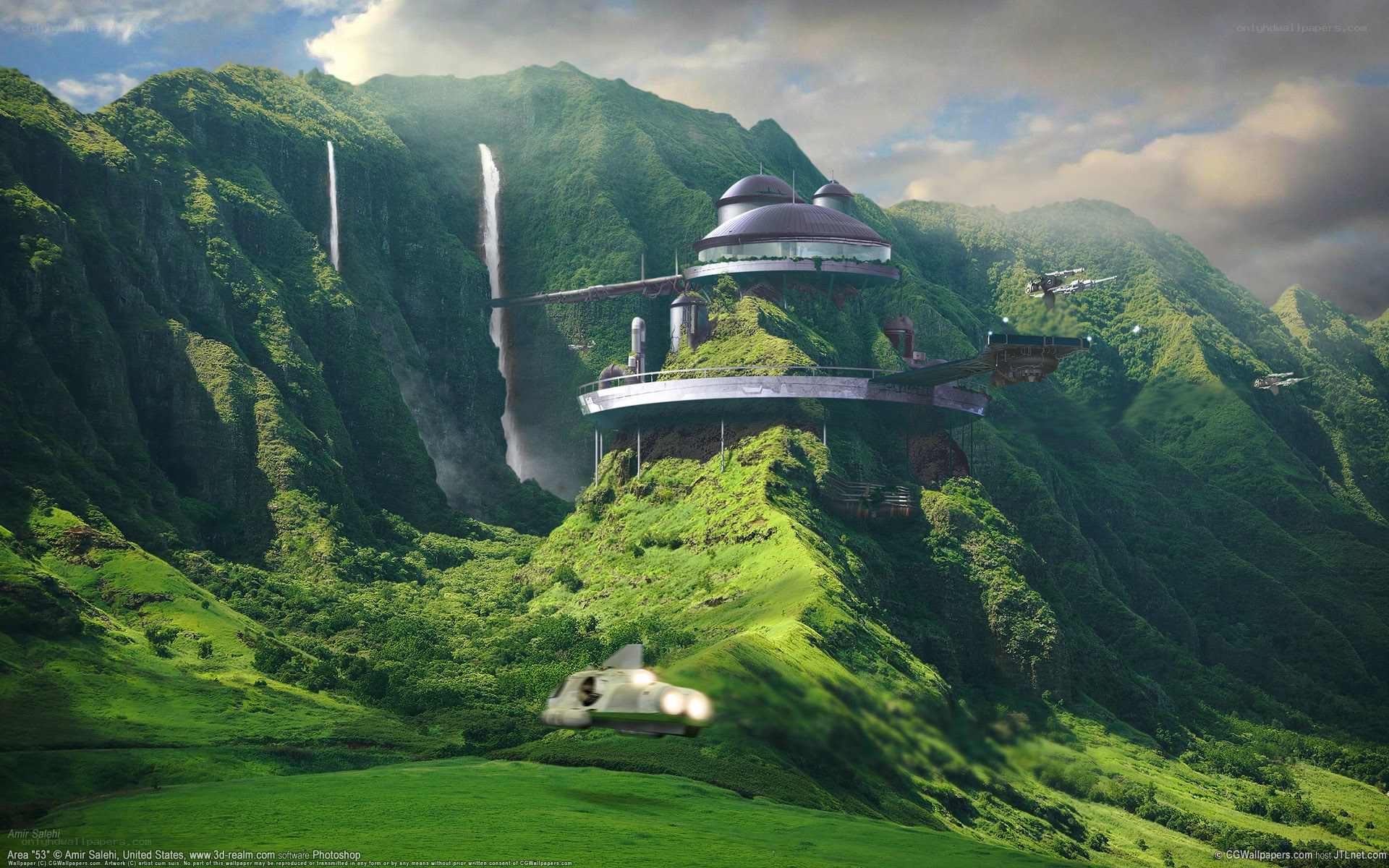 Futuristic base in lush mountains