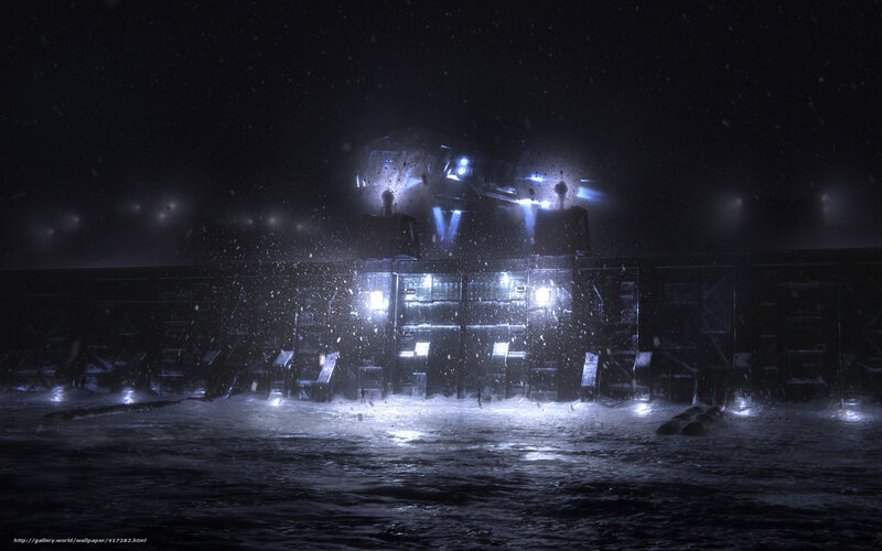 futuristic base in snowstorm