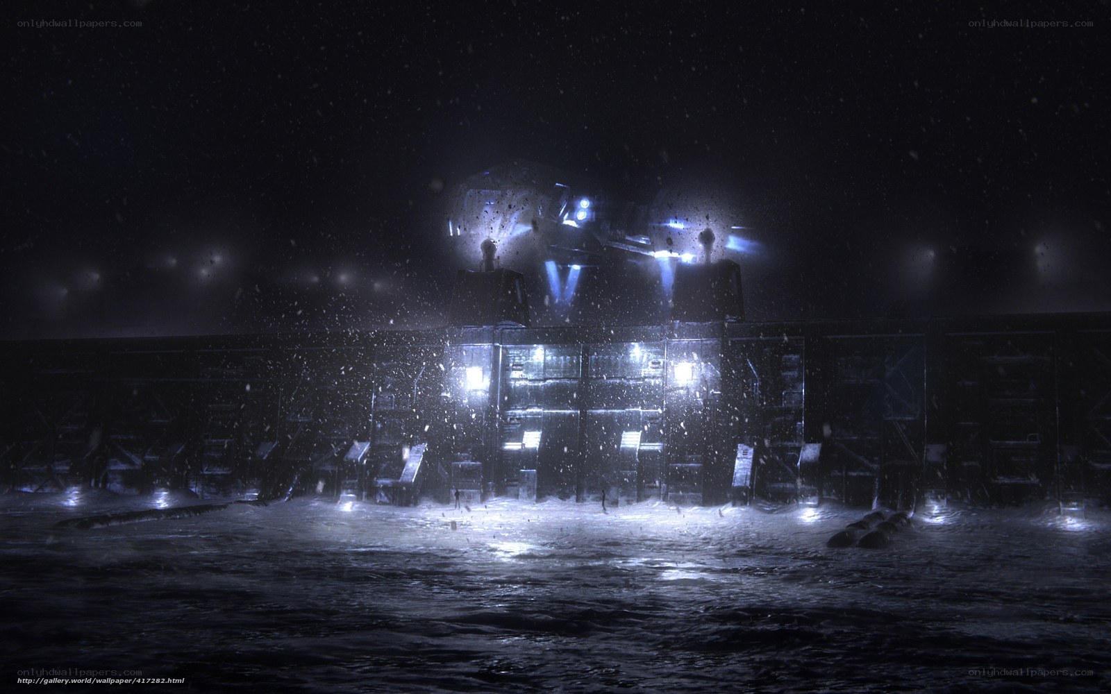 futuristic base in snowstorm