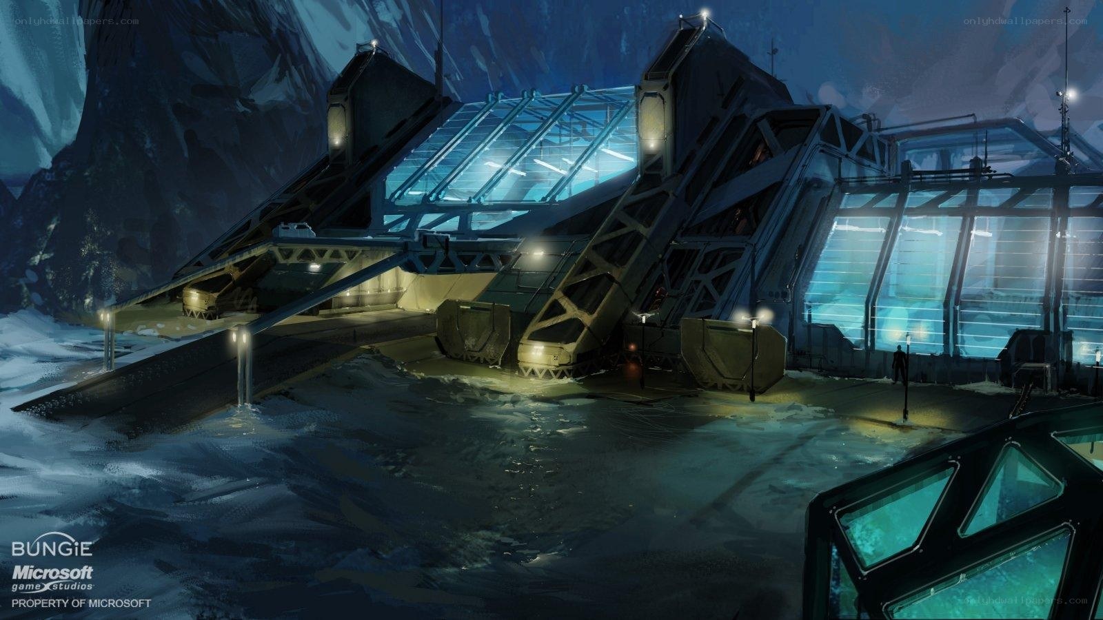 futuristic base in snowy landscape