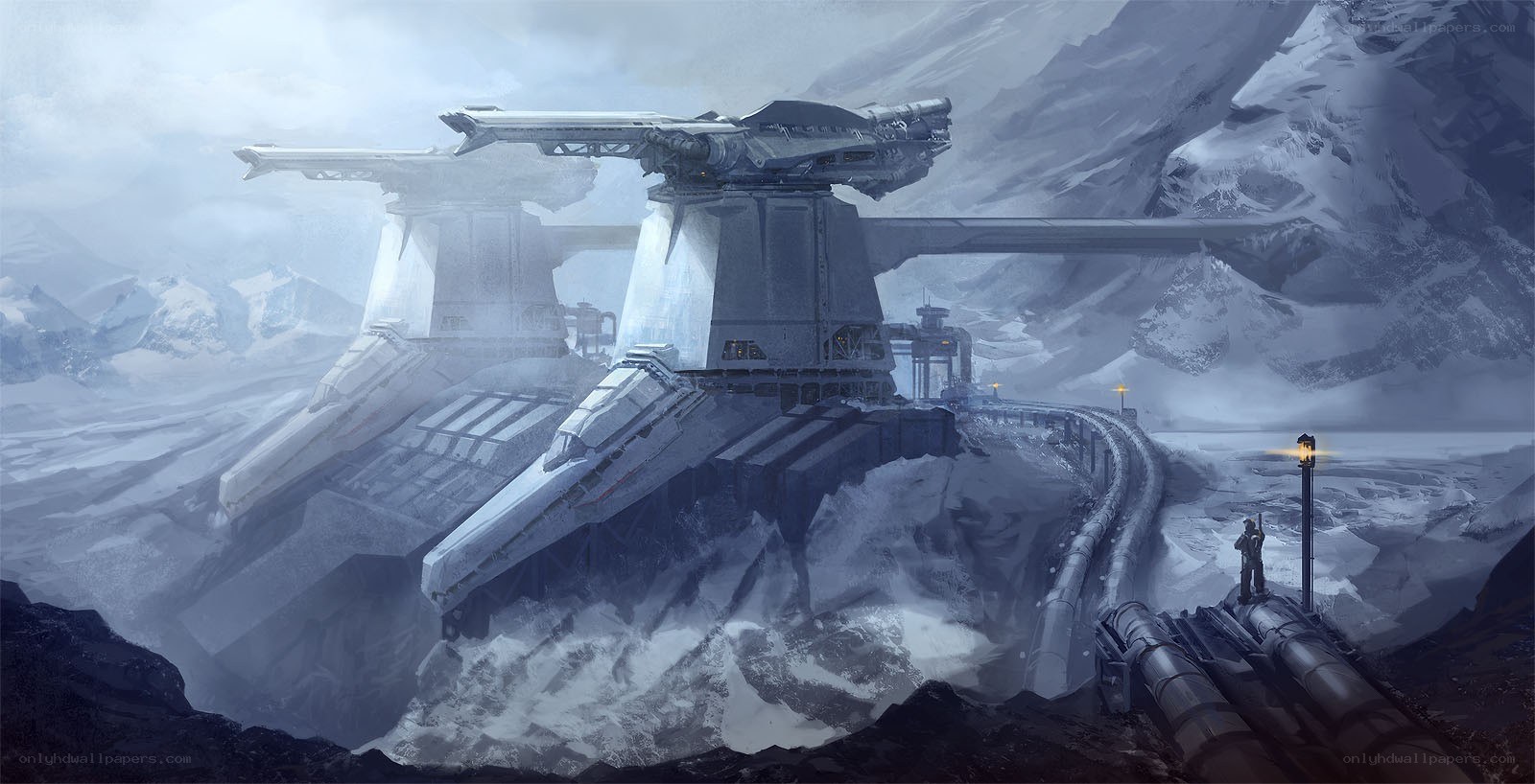 futuristic base in snowy mountains