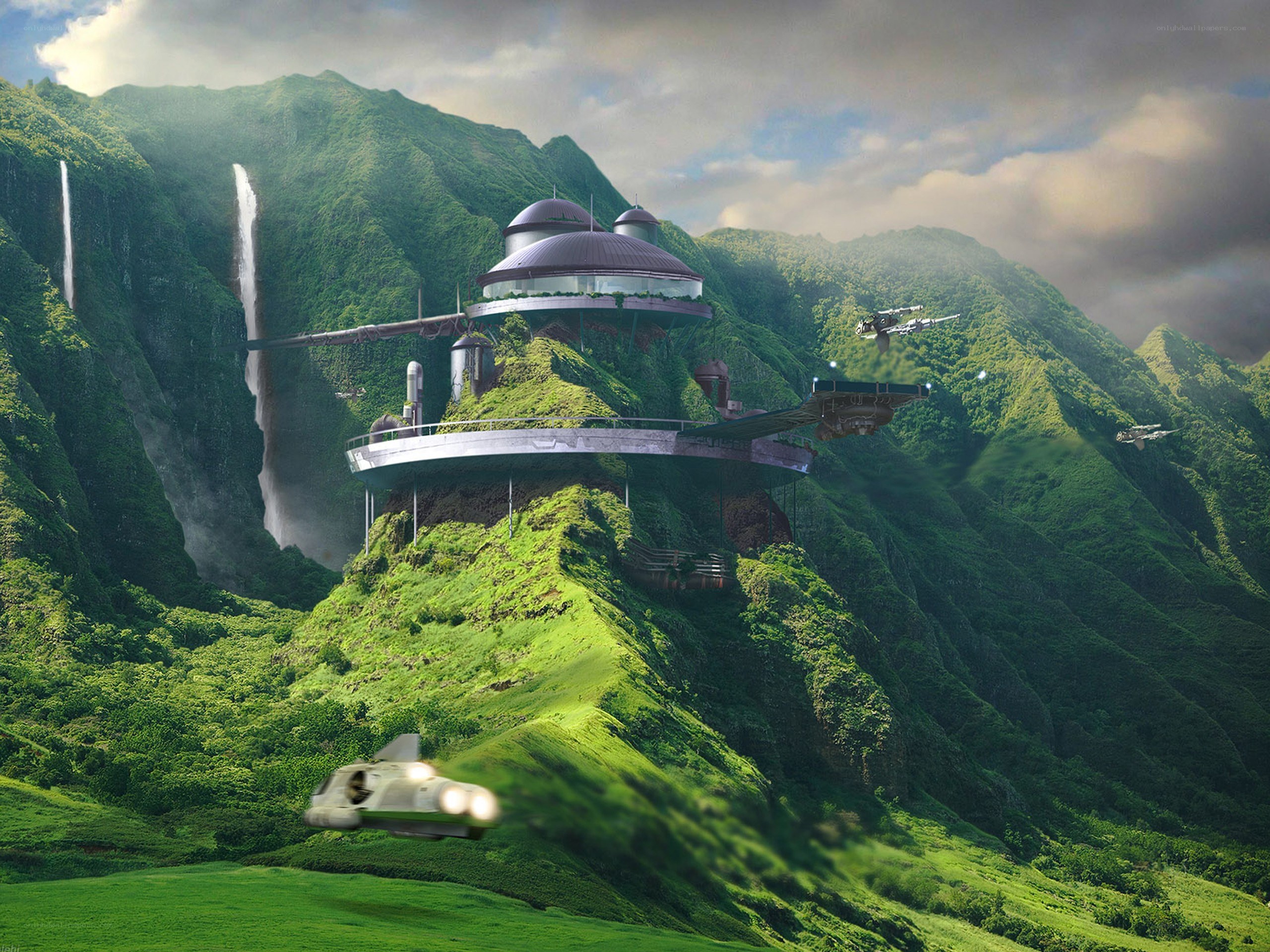 futuristic base on a lush planet