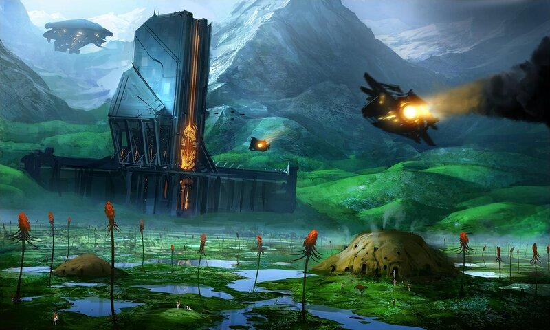 Futuristic Base on Alien Planet — Green, Dramatic