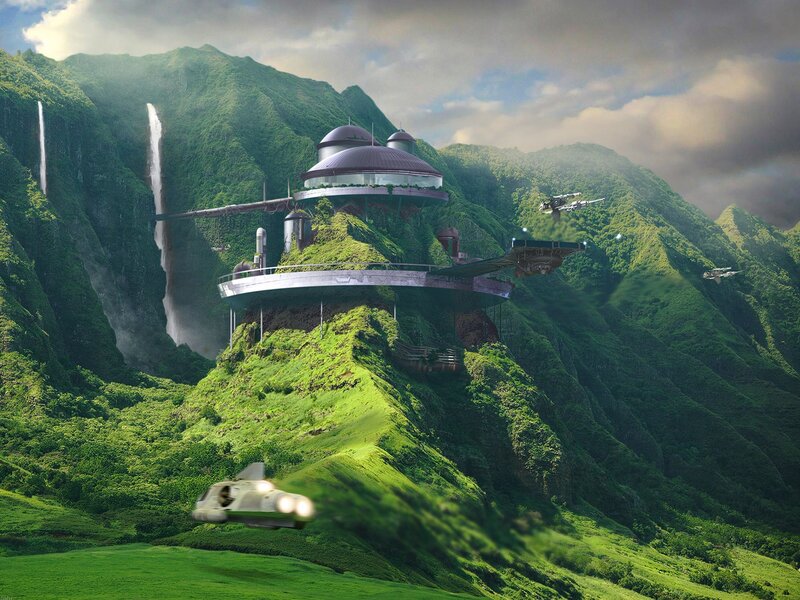 Futuristic Base on Mountain — Green, Dramatic, Afternoon, Digital Art, Aircraft