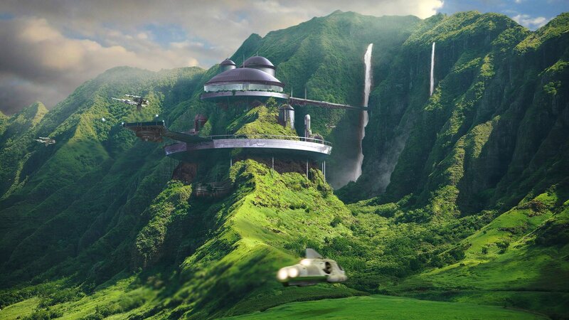 Futuristic Base on Mountain — Green, Dramatic, Afternoon, Digital Art, Mountains