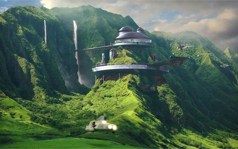 Futuristic Base on Mountain — Green, Dramatic, Afternoon