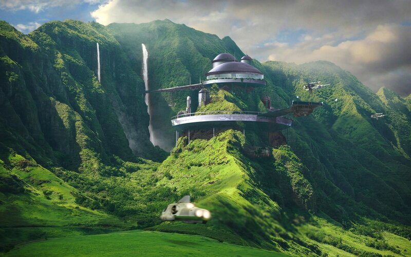 Futuristic Base on Mountain — Green, Dramatic