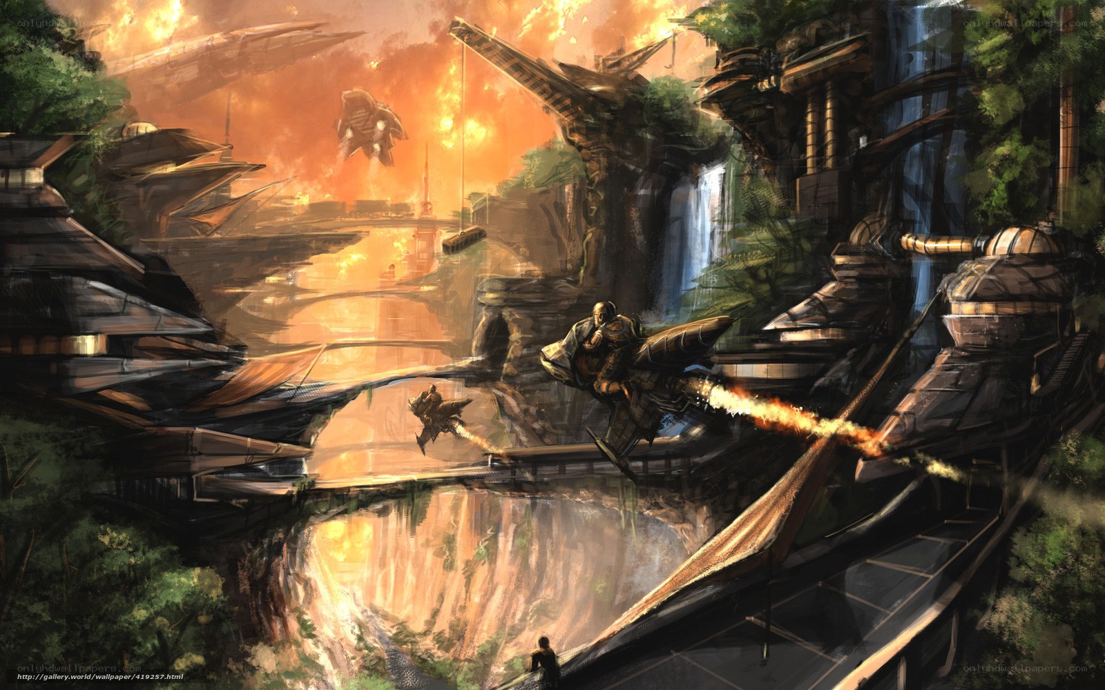 futuristic battle in a jungle city