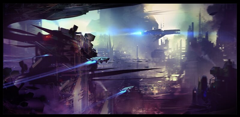 futuristic battle in a ruined city