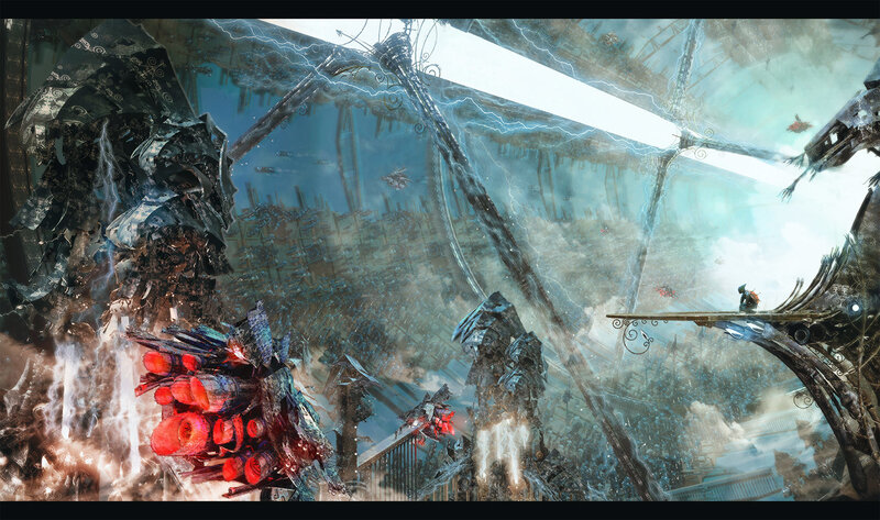 Futuristic battle in a ruined city