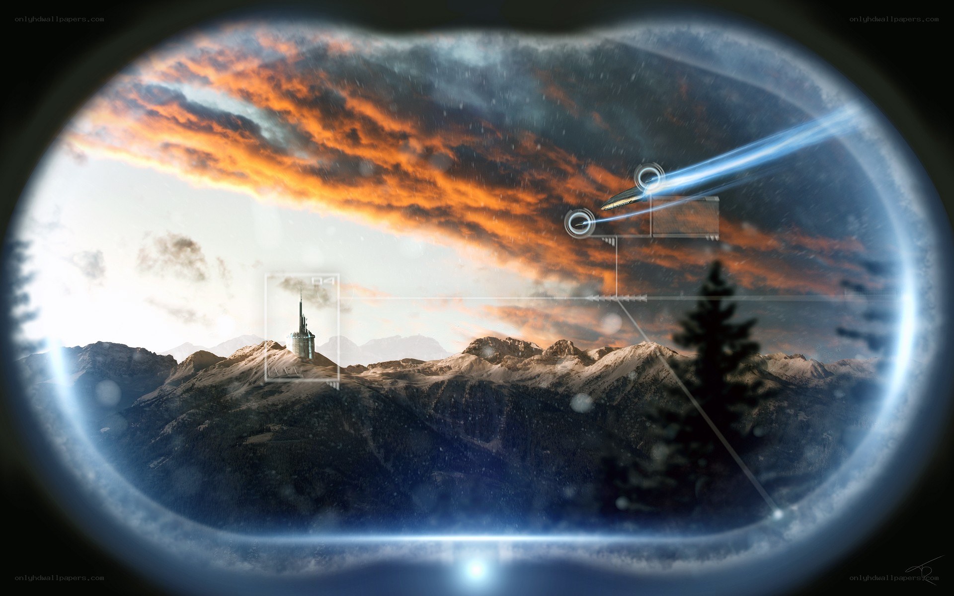 Futuristic battle in mountainous terrain
