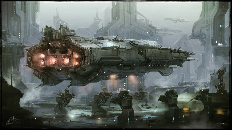 Futuristic battleship in a city